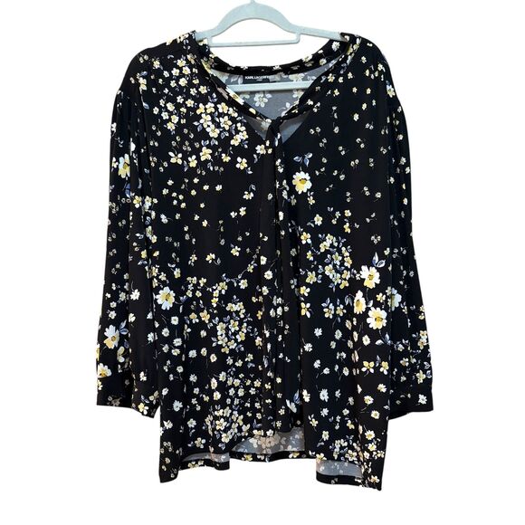 2/$30 Karl Lagerfeld Blouse Womens Large Floral Daisy Print Tie Neck 3/4 Sleeve - Picture 1 of 9